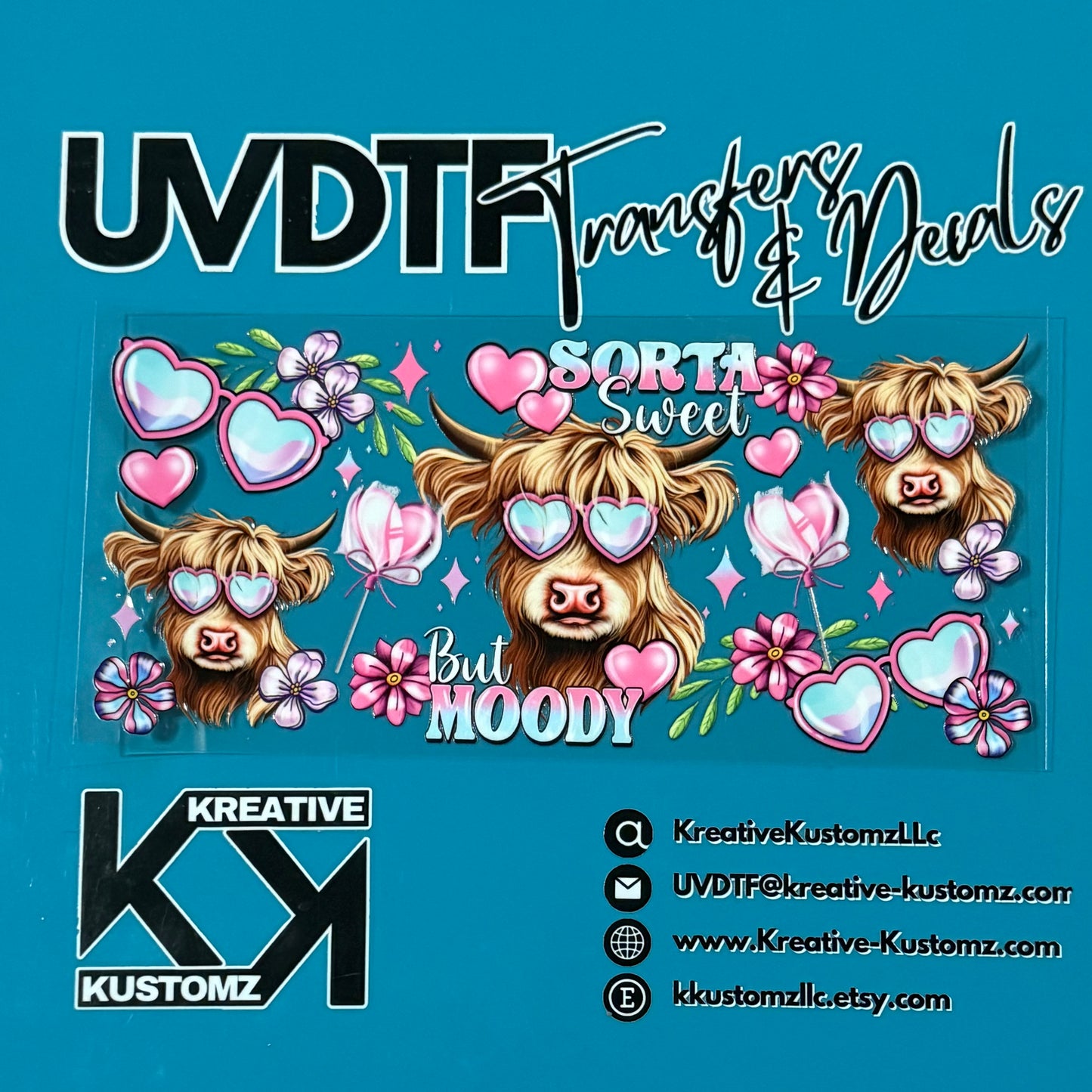 A UV DTF cup wrap featuring highland cows wearing heart-shaped glasses and floral accents.