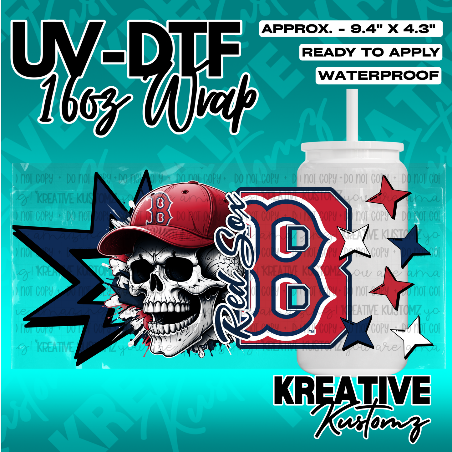 A UV DTF adhesive wrap for a 16oz glass cup featuring a Boston Red Sox skull and logo design.