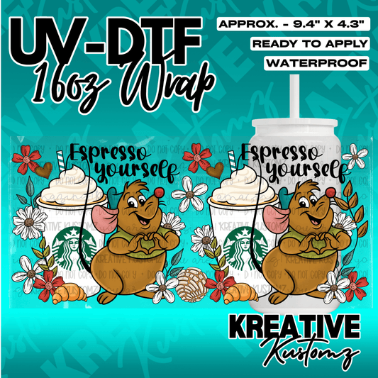 A UV DTF cup wrap featuring a cartoon mouse, coffee drinks, and flowers for a 16oz glass can.