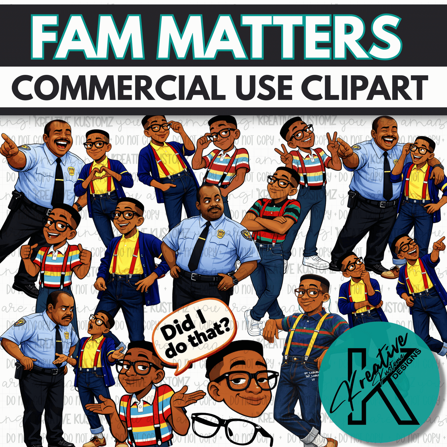 Digital clipart featuring various poses of two characters from the show Family Matters.