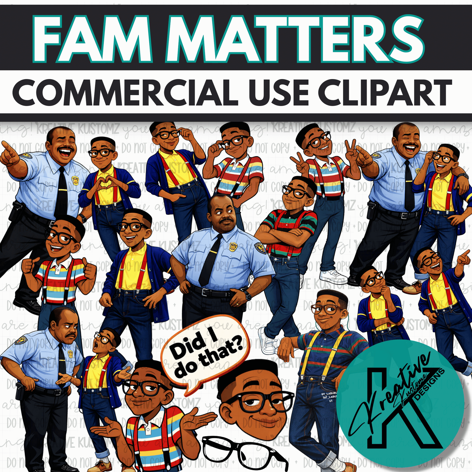 Digital clipart featuring various poses of two characters from the show Family Matters.