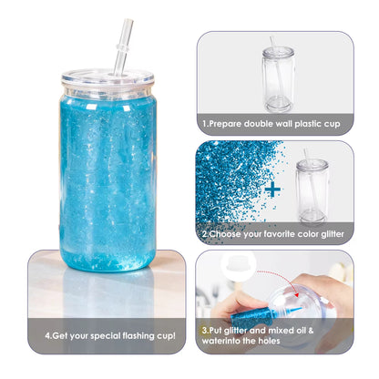 A 16oz double-walled acrylic cup with a lid and straw, shown with instructions for filling it.