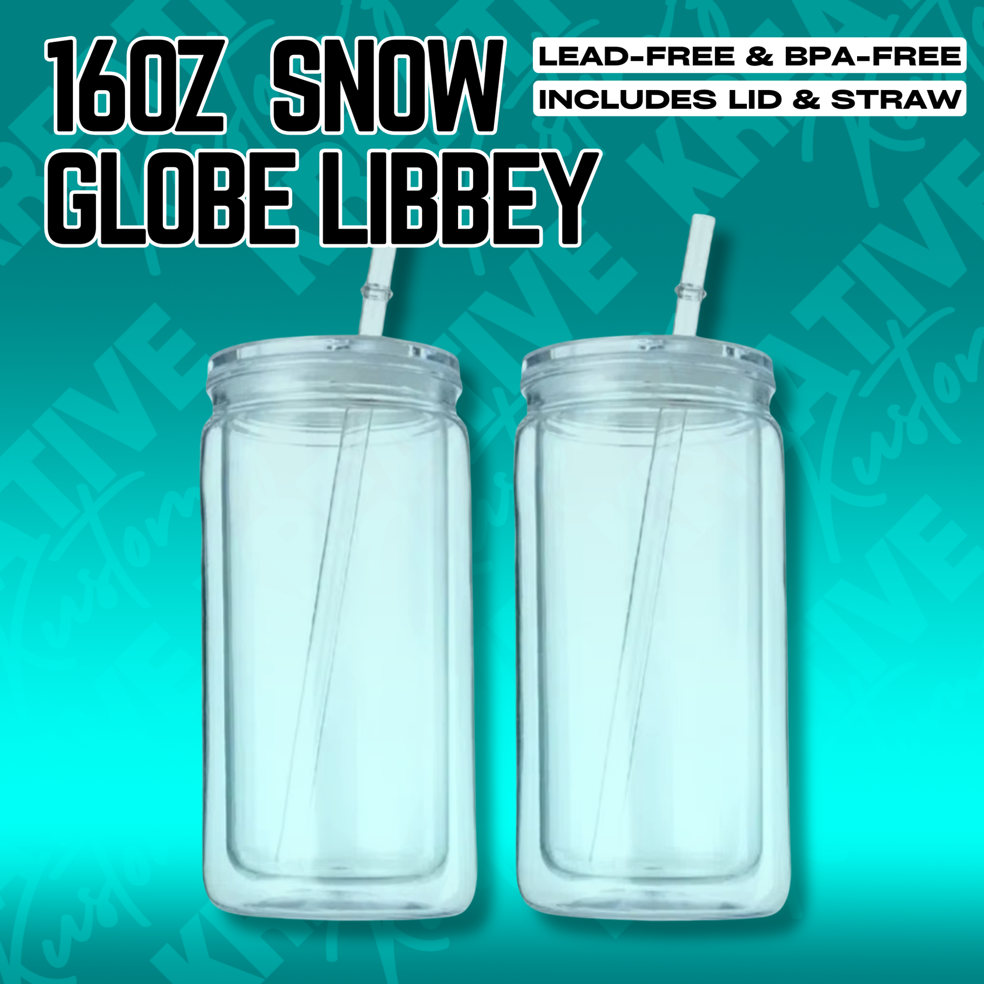 Two 16oz clear acrylic Libbey cups with lids and straws against a teal background.