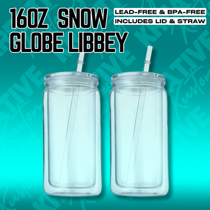 Two 16oz clear acrylic Libbey cups with lids and straws against a teal background.