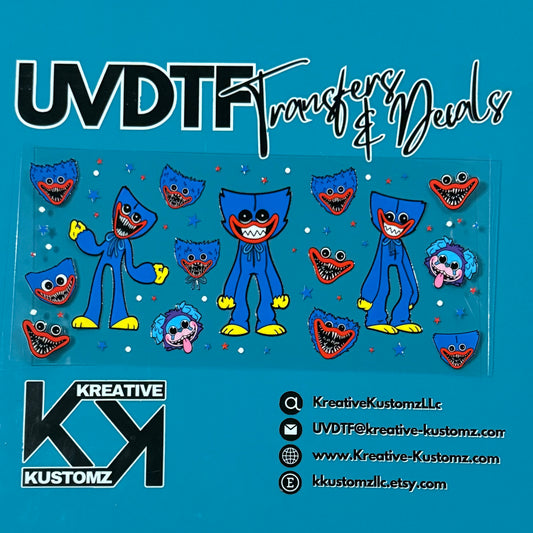 A UV DTF cup wrap featuring blue Huggy Wuggy characters and stars on a clear backing.