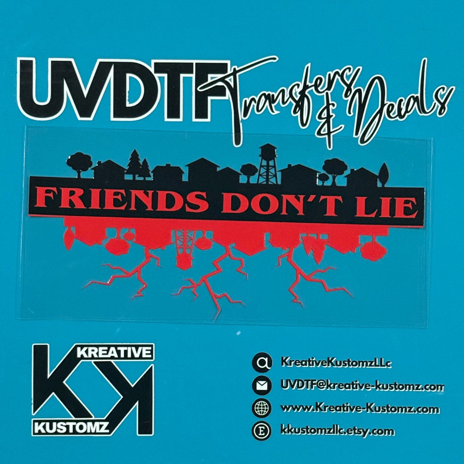 A Stranger Things themed UV DTF cup wrap featuring a mirrored town silhouette and red text.