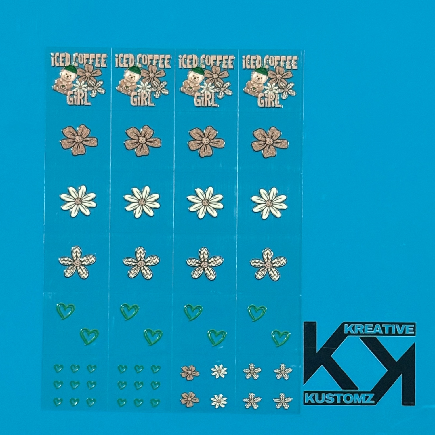 An A5 sheet of 24 precut UV DTF decals featuring iced coffee bears, flowers, and green hearts.