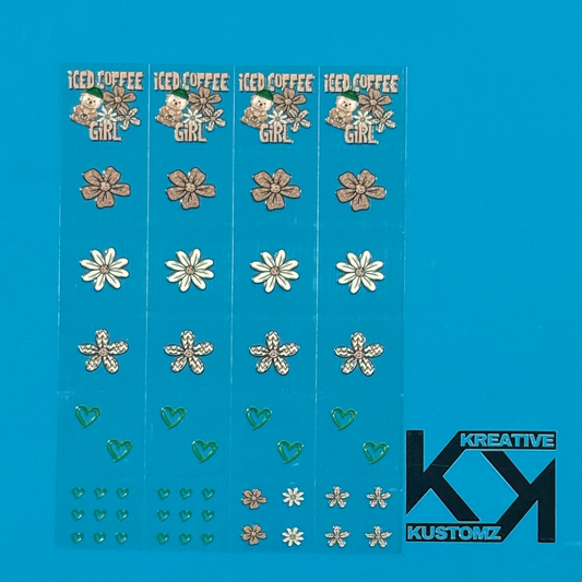 An A5 sheet of 24 precut UV DTF decals featuring iced coffee bears, flowers, and green hearts.