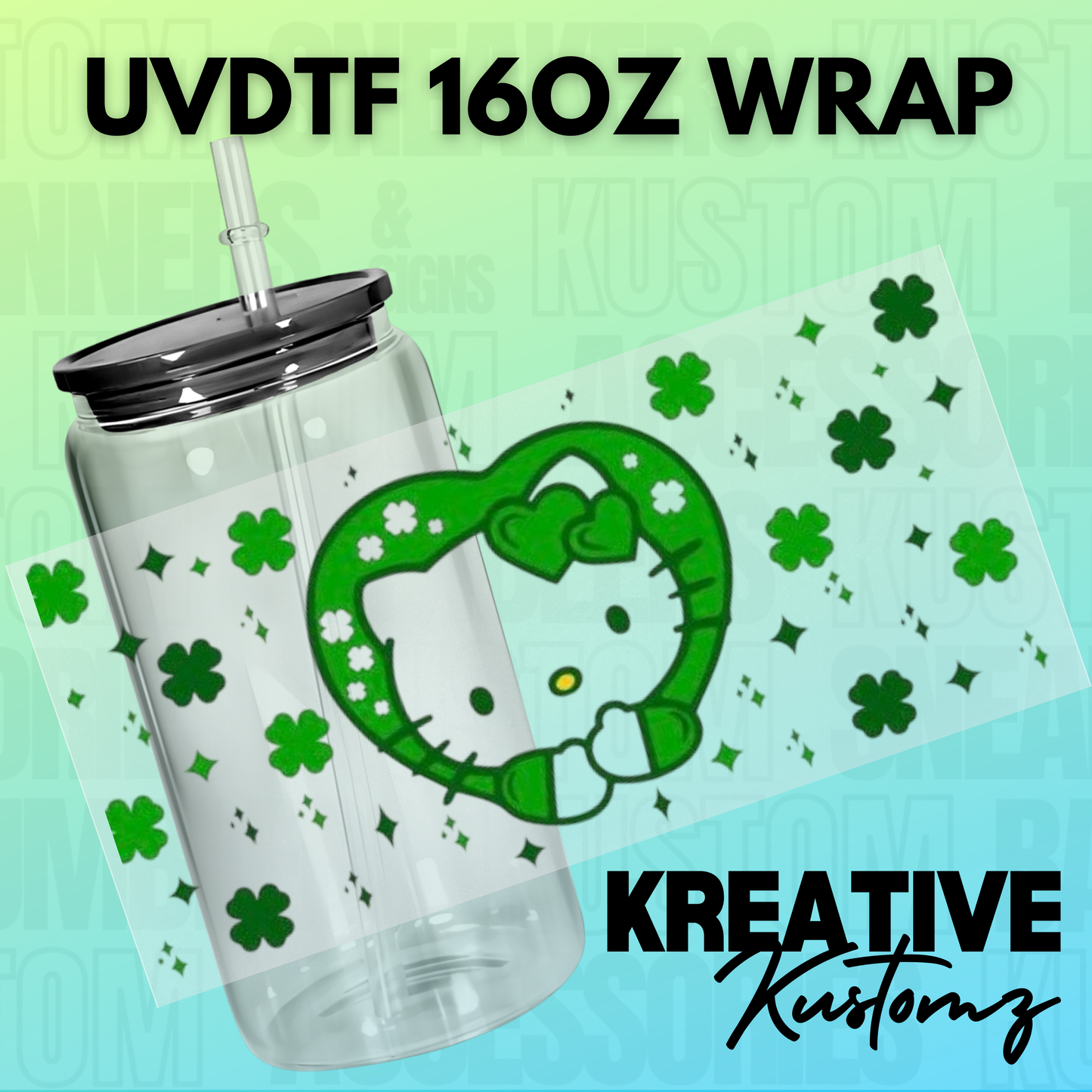 KK-B1087 St Patty Heart Kitty - 16oz UVDTF Wrap