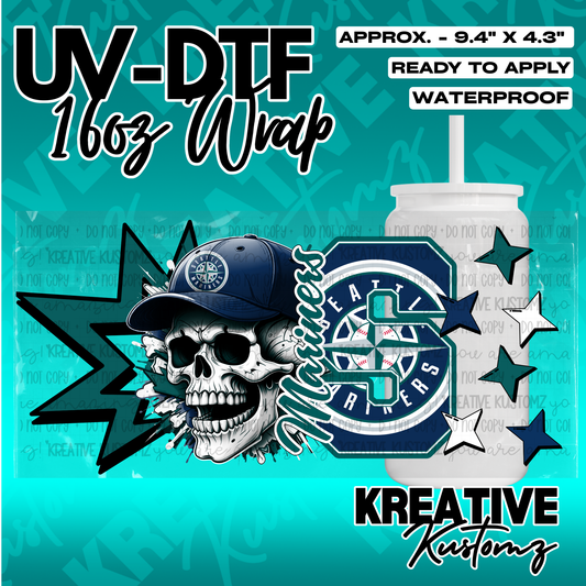 A Seattle Mariners themed UV DTF adhesive wrap for a 16oz glass cup featuring a skull design.