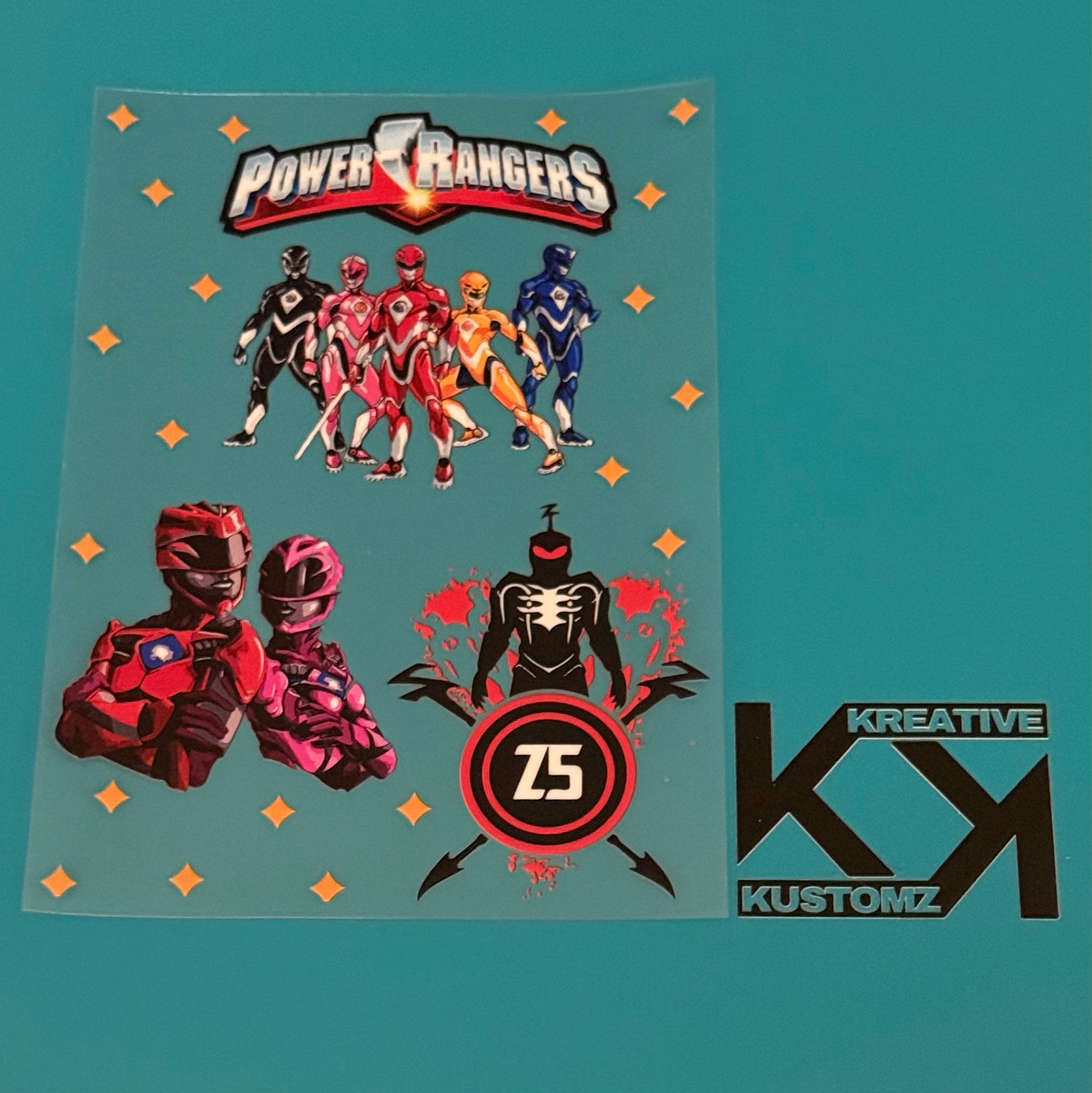 A Power Rangers UV-DTF adhesive decal sheet featuring character illustrations and a logo.