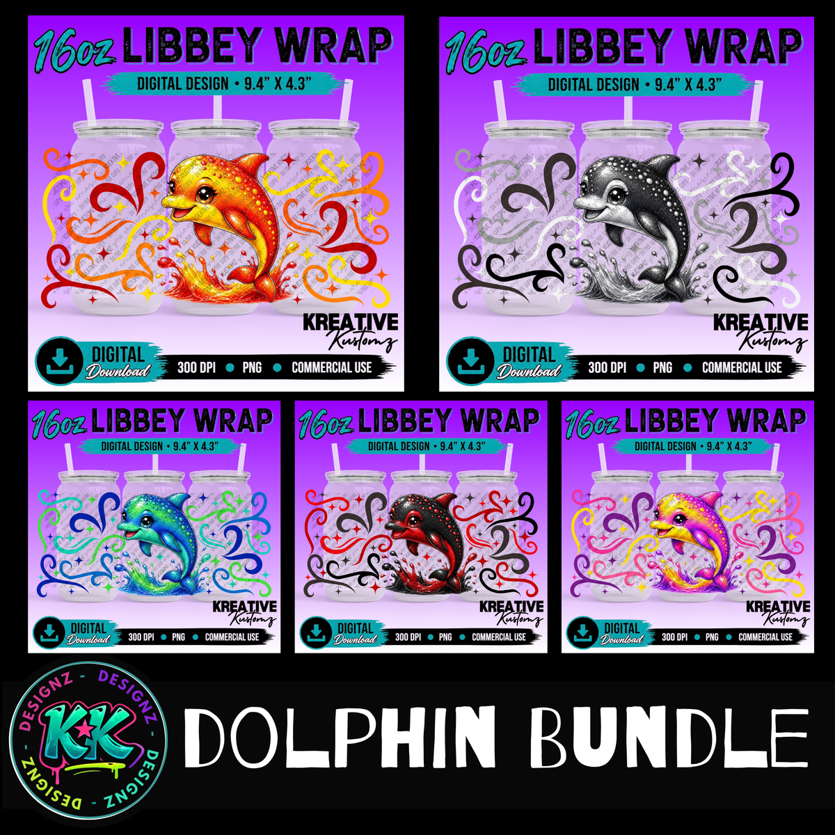 Cute Dolphins| 16oz Libbey Glass Can Wrap PNG - Digital Download Bundle