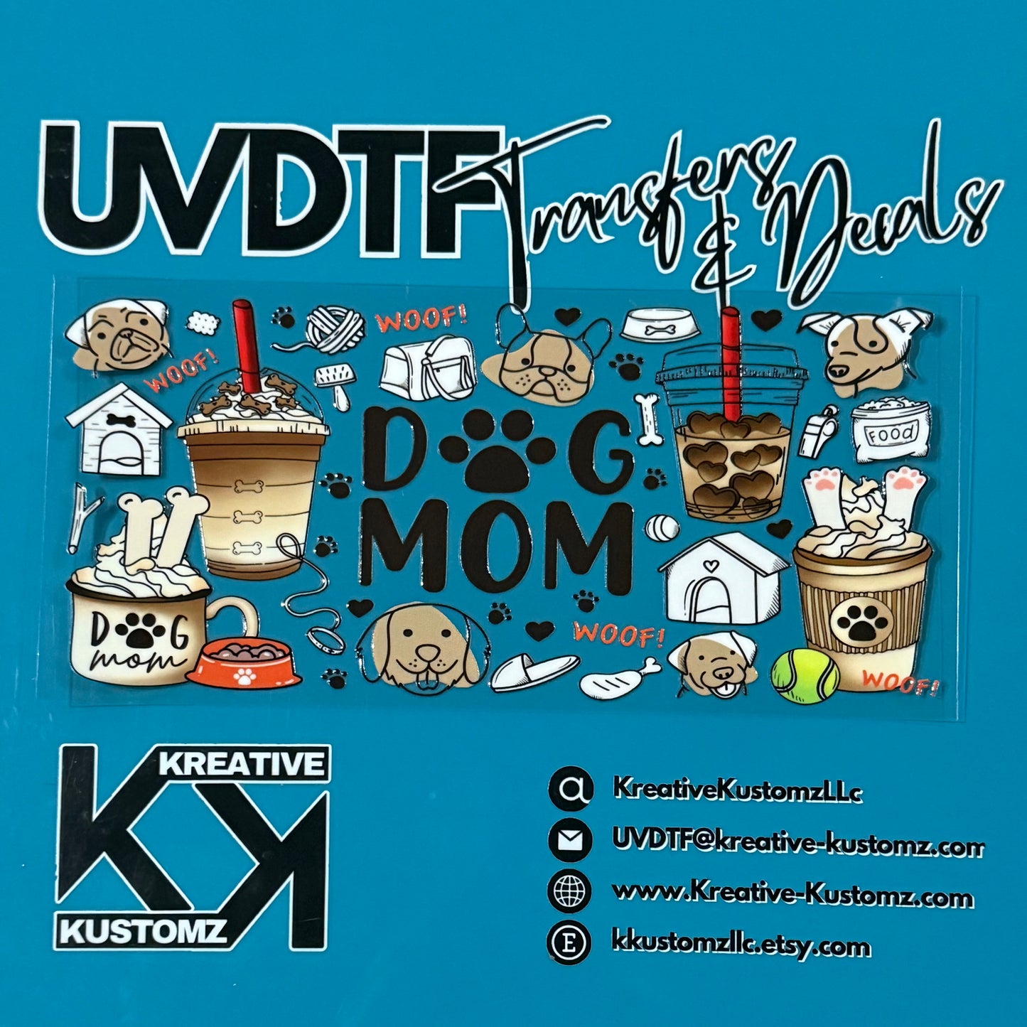 A Dog Mom themed UV DTF adhesive wrap for a 16oz glass cup featuring various dog-themed graphics.