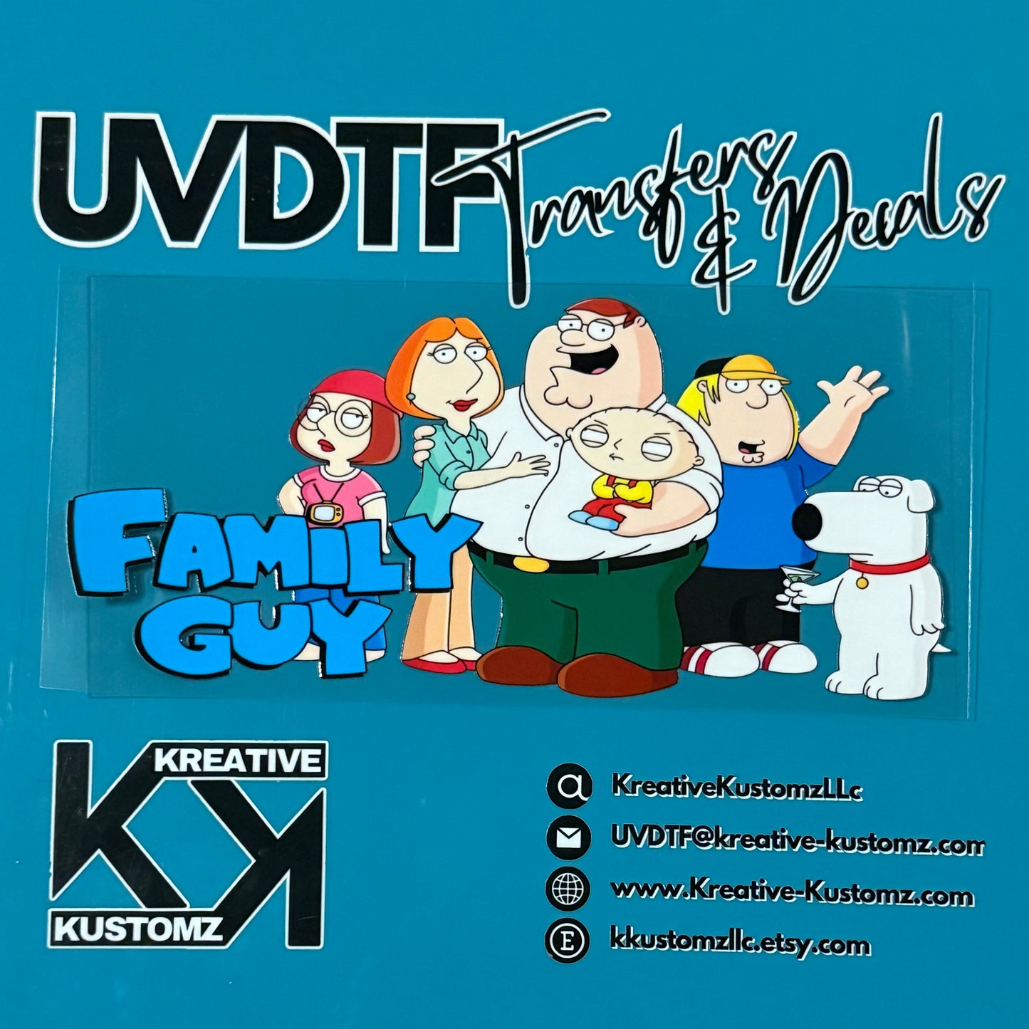 A Family Guy UV DTF adhesive wrap for 16oz glass cans featuring the main characters.