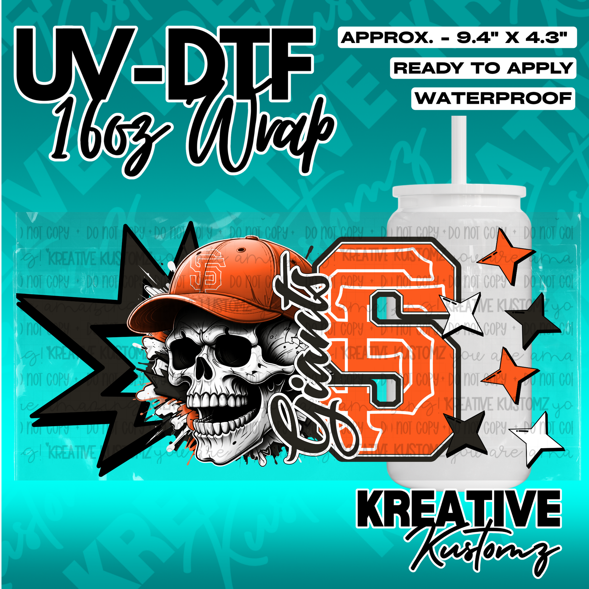 A UV DTF cup wrap featuring a skull wearing an orange baseball cap and a large letter S.