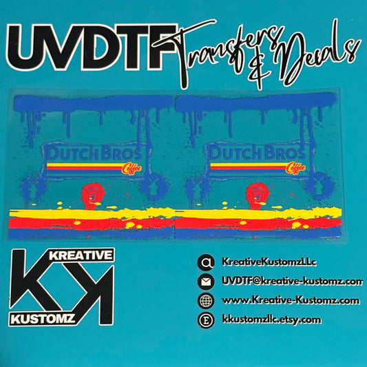 Two Dutch Bros themed UV DTF cup wraps featuring blue paint drips and a red coffee cup icon.