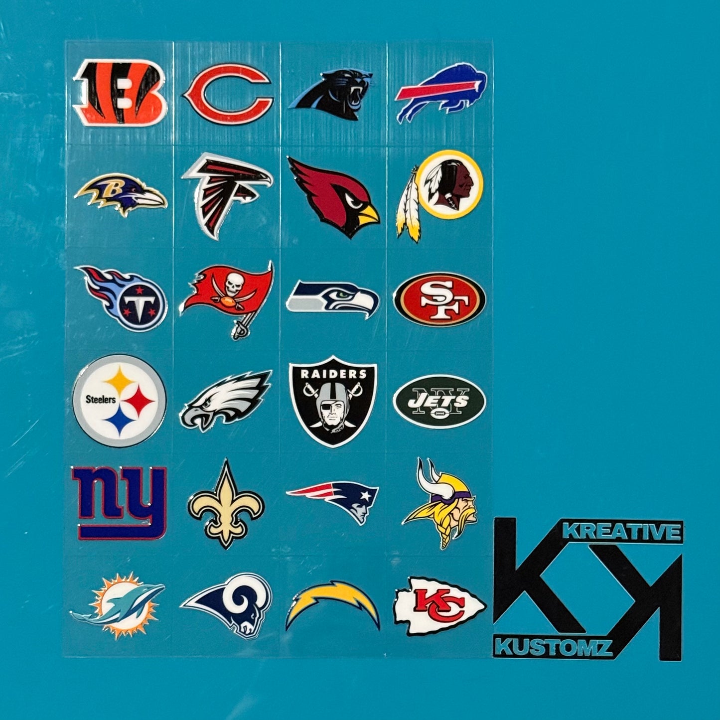An A5 sheet featuring 24 precut UV DTF decals of various professional football team logos.