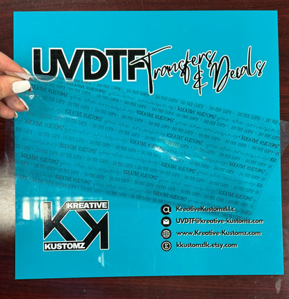 A square acrylic board with a logo and contact information printed on a bright blue background.