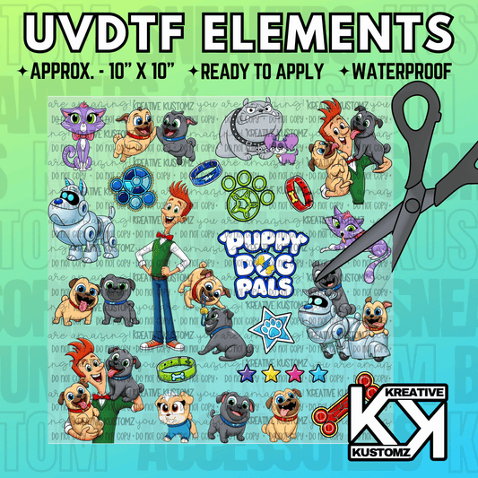Cartoon dog graphics on a green and blue background, featuring scissors and "UVDTF Elements" text.