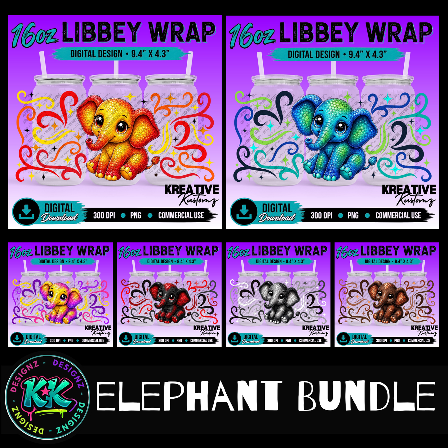 Cute Elephant | 16oz Libbey Glass Can Wrap PNG - Digital Download Bundle