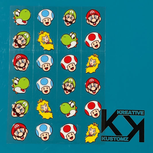 An A5 sheet of 24 precut Super Mario character decals for glass cups on a blue background.