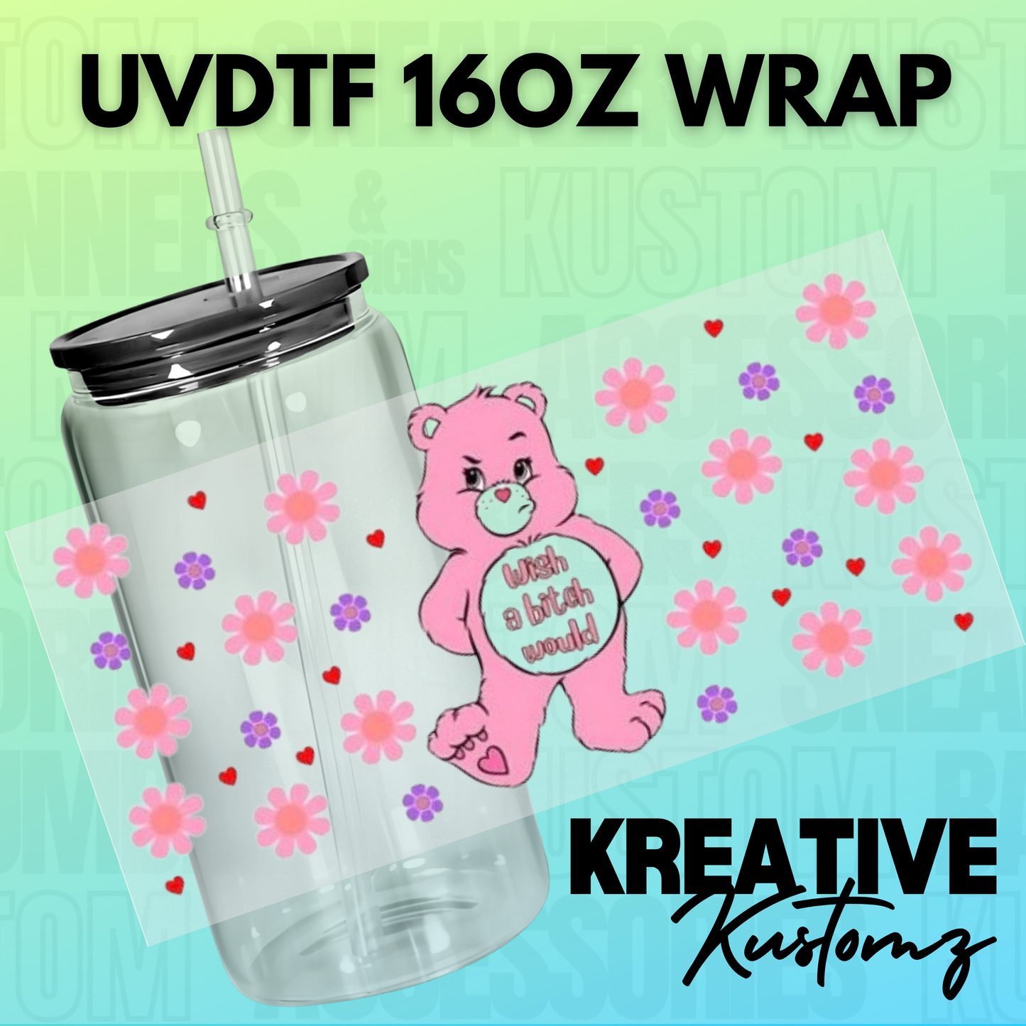 KK-B7005 Pink Floral Naughty Wish Bear - 16oz UVDTF Wrap