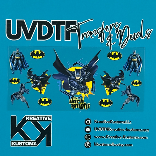 A Batman themed UV DTF adhesive wrap sheet featuring various character poses and logos.