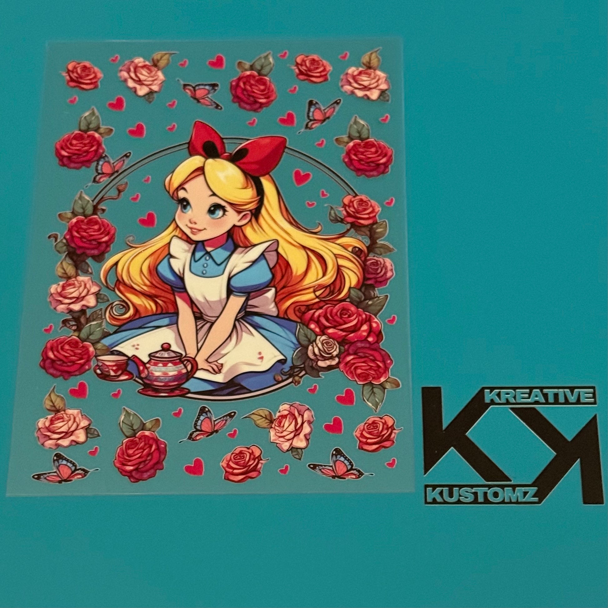 An A5 notebook wrap decal featuring Alice in Wonderland surrounded by roses and butterflies.