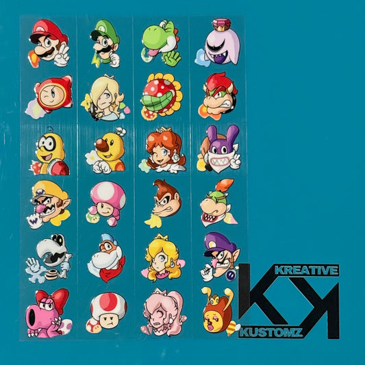 An A5 sheet of 24 precut Super Mario character decals for adhesive cup application.