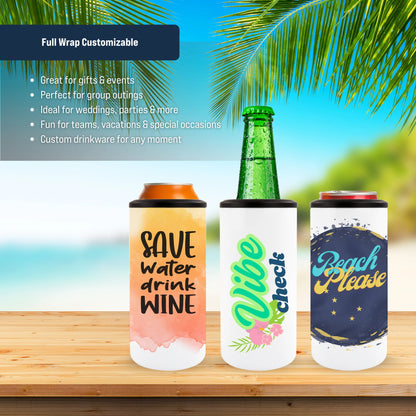 Three insulated can coolers with different custom designs stand on a wooden surface.