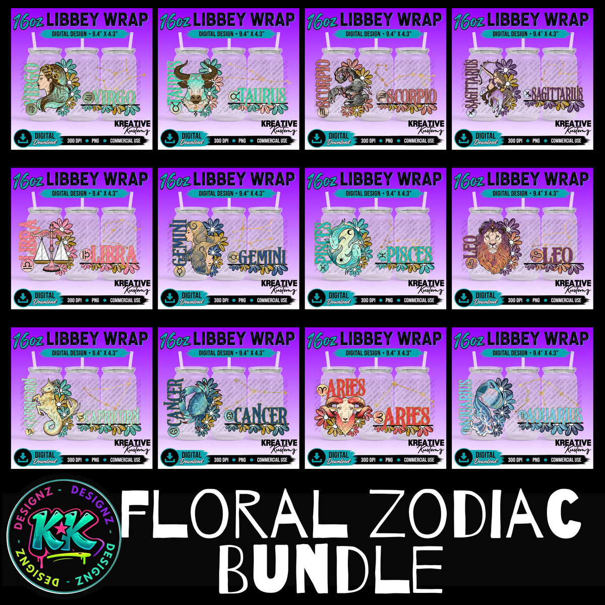 Zodiac Floral | 16oz Libbey Glass Can Wrap PNG - Digital Download Bundle