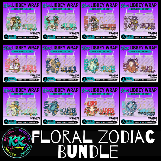 Zodiac Floral | 16oz Libbey Glass Can Wrap PNG - Digital Download Bundle