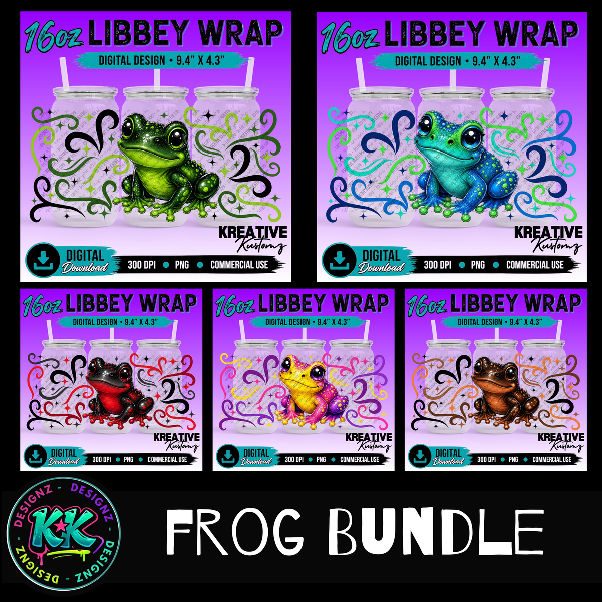 Cute Frogs | 16oz Libbey Glass Can Wrap PNG - Digital Download Bundle