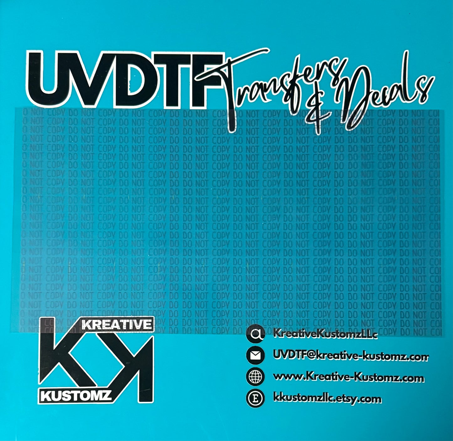 A square acrylic board featuring a custom logo and contact information for UVDTF transfers.