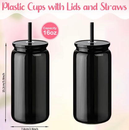 Two black acrylic beer can tumblers with matching lids and straws, each with a 16oz capacity.