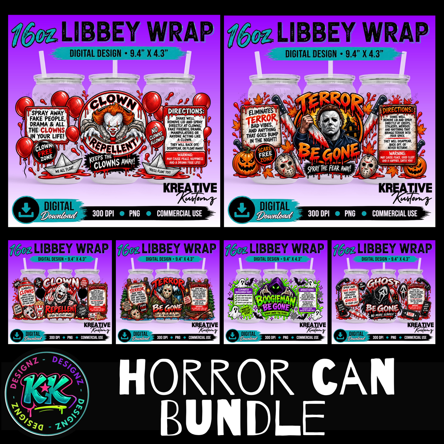Horror Spray Can | 16oz Libbey Glass Can Wrap PNG - Digital Download Bundle