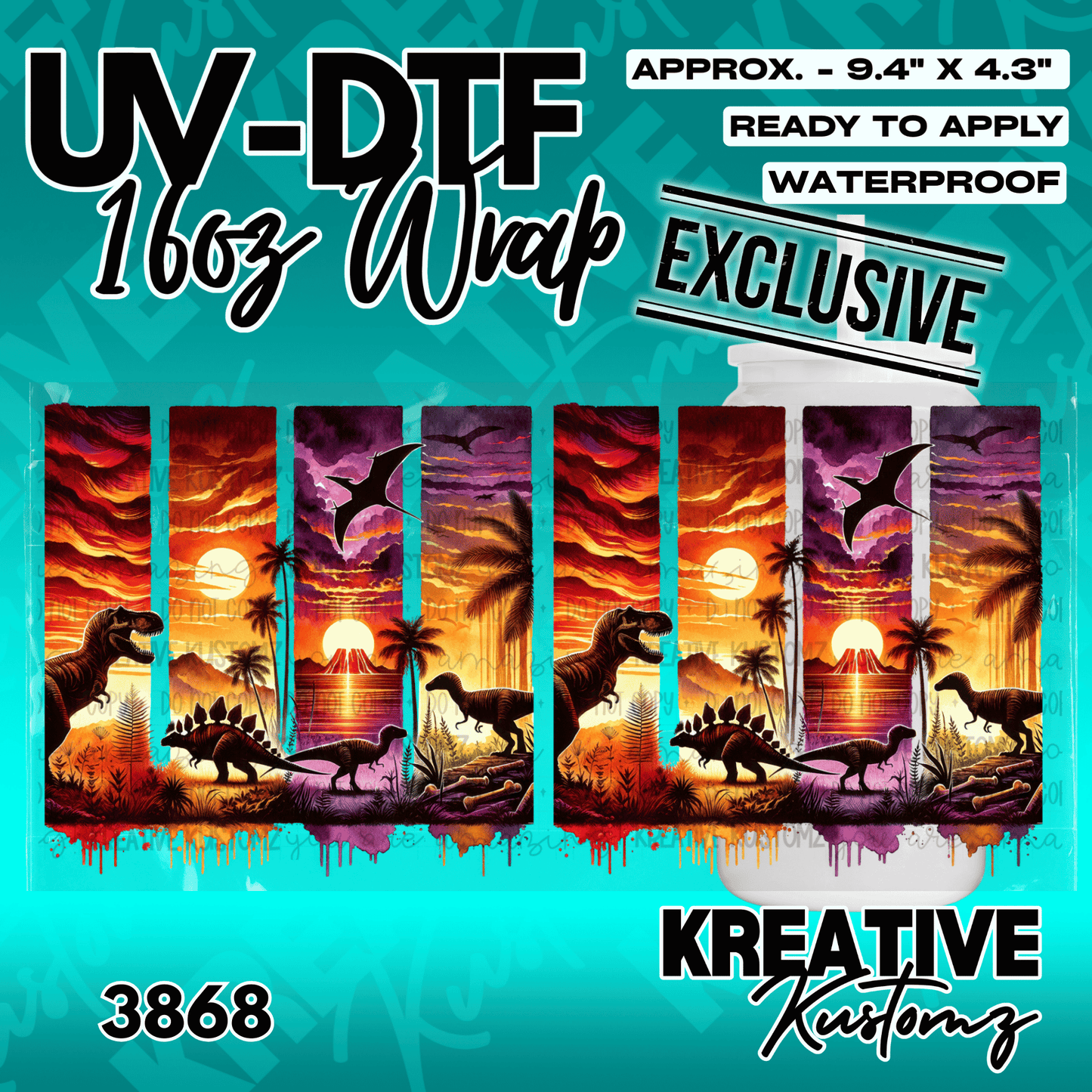 Two identical dinosaur-themed UV DTF cup wraps featuring a sunset landscape with volcanoes.