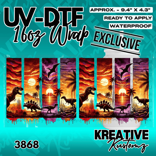 Two identical dinosaur-themed UV DTF cup wraps featuring a sunset landscape with volcanoes.