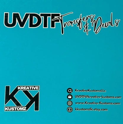 A square teal acrylic backdrop board featuring the UVDTF Transfers and Decals logo and contact info.