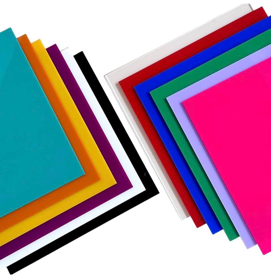 A stack of square acrylic boards in various solid colors arranged in a fan pattern.