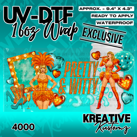 A UV DTF cup wrap featuring a Taylor Swift inspired design with orange outfits and disco balls.