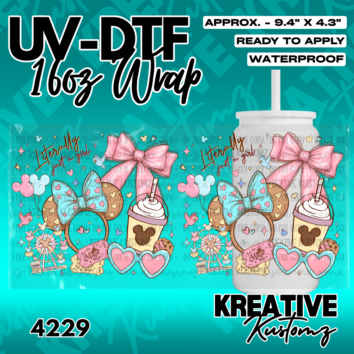 A UV DTF adhesive wrap for 16oz glass cans featuring a whimsical theme with bows and park icons.