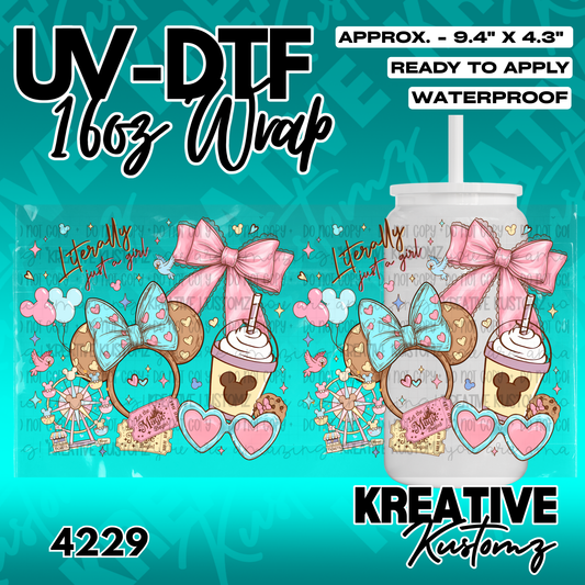 A UV DTF adhesive wrap for 16oz glass cans featuring a whimsical theme with bows and park icons.