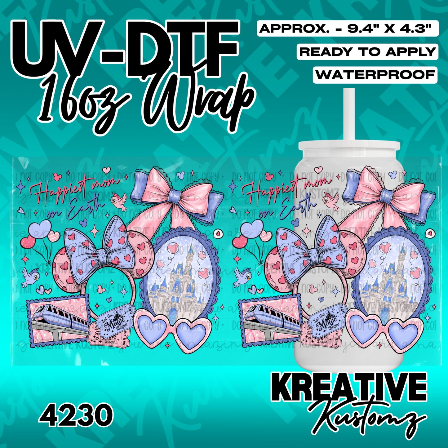 A UV DTF adhesive cup wrap featuring a Disney-themed design with a castle, ears, and a monorail.