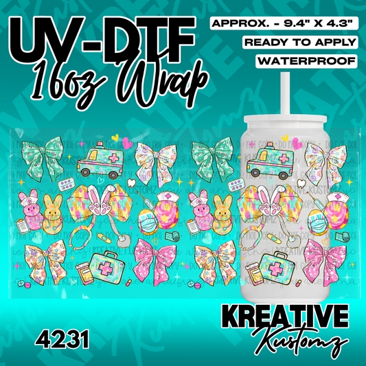 A vibrant UV DTF adhesive wrap featuring medical-themed icons and bows for 16oz glass cans.