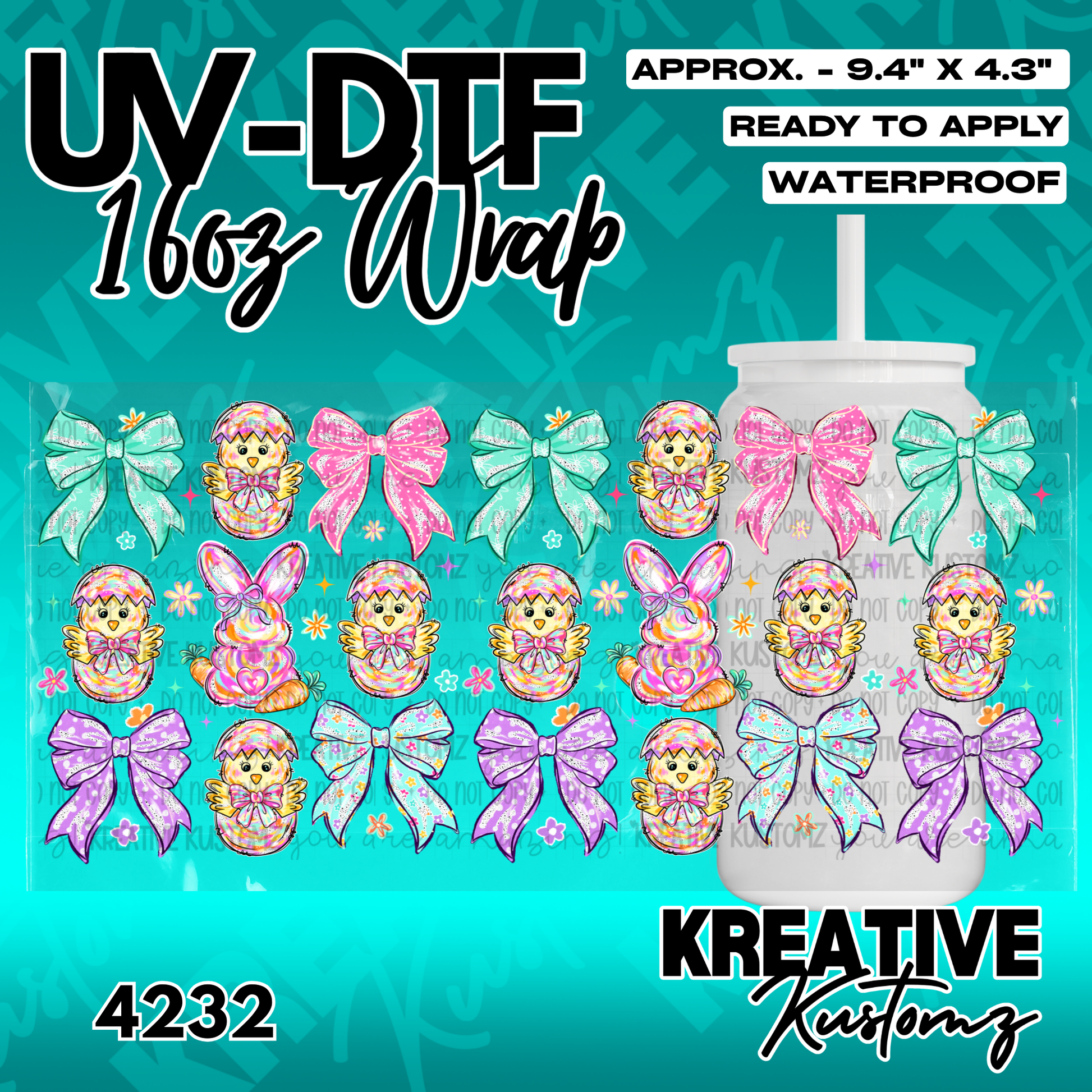 A UV DTF adhesive cup wrap featuring a pattern of colorful Easter chicks, bunnies, and bows.
