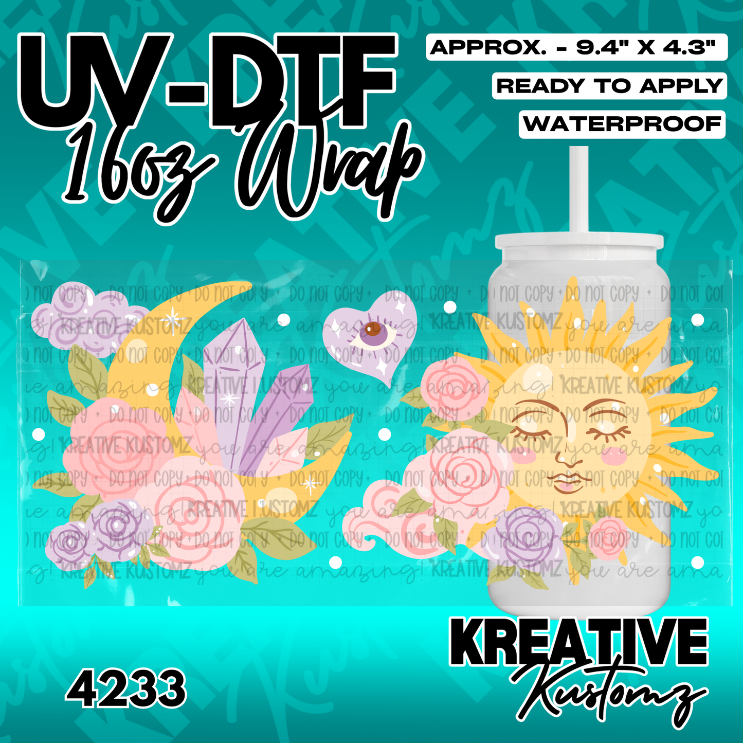 A celestial themed adhesive wrap for a 16oz glass cup featuring a sun, moon, and floral designs.