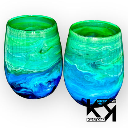 Green & Blue Galaxy Stemless Wine Glass - 2pc Set