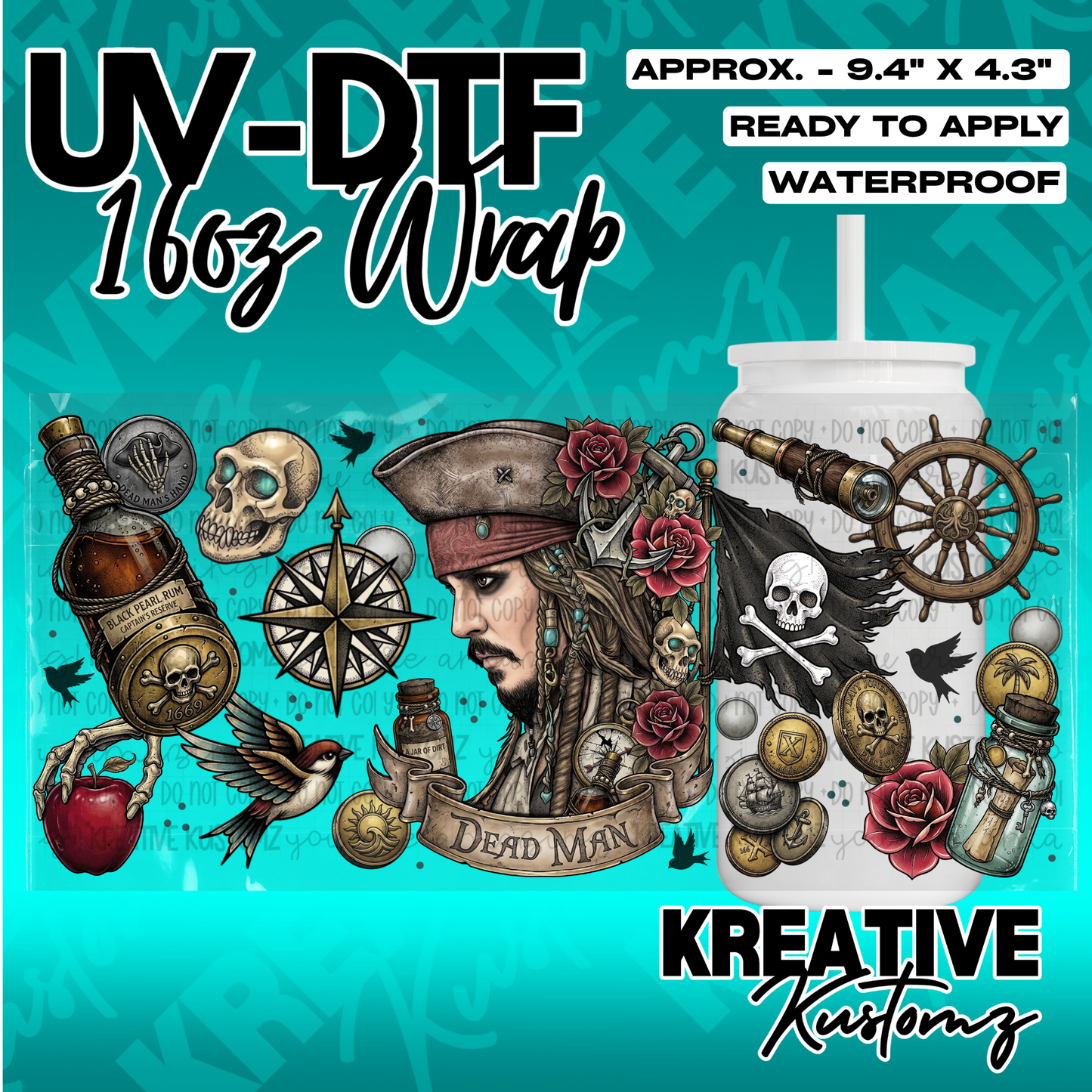 A pirate-themed UV DTF adhesive cup wrap featuring Captain Jack Sparrow and nautical elements.