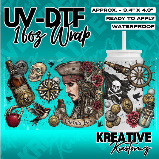 A pirate-themed UV DTF adhesive wrap for a 16oz glass cup featuring Captain Jack Sparrow.